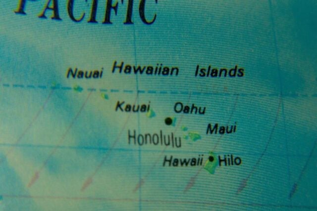 Hawaiian Islands map,seen through a magnifying glass,selective focus