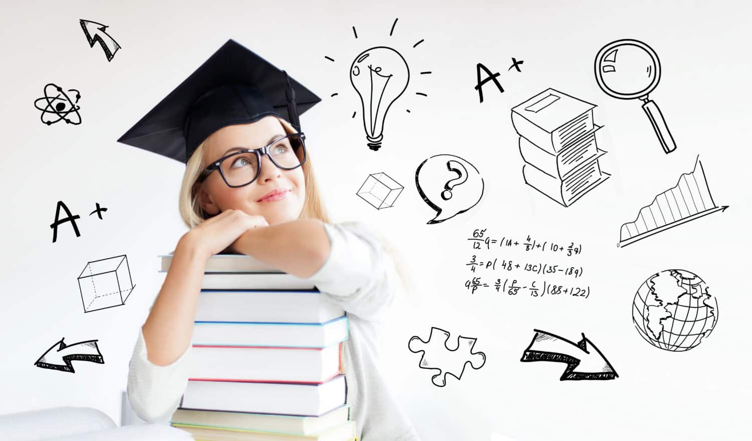 education, school, graduation and people concept - happy student girl or woman in graduation cap with stack of books over doodles