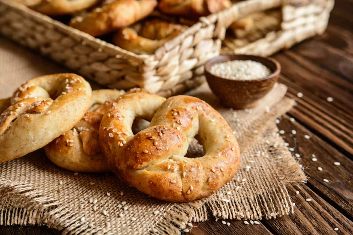 Homemade whole meal pretzels with sesame and salt