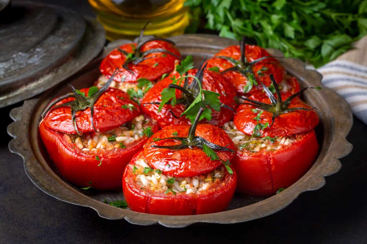 Traditional Turkish food; Stuffed tomatoes with olive oil stuffed with rice. Turkish name; domates dolmasi