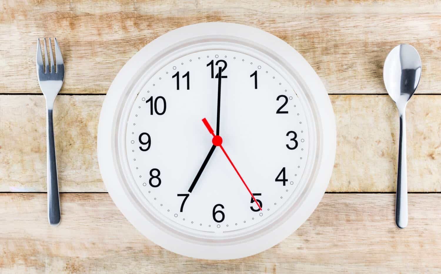 spoon,fork,clock over the wood desk from top view/ Breakfast in the morning 