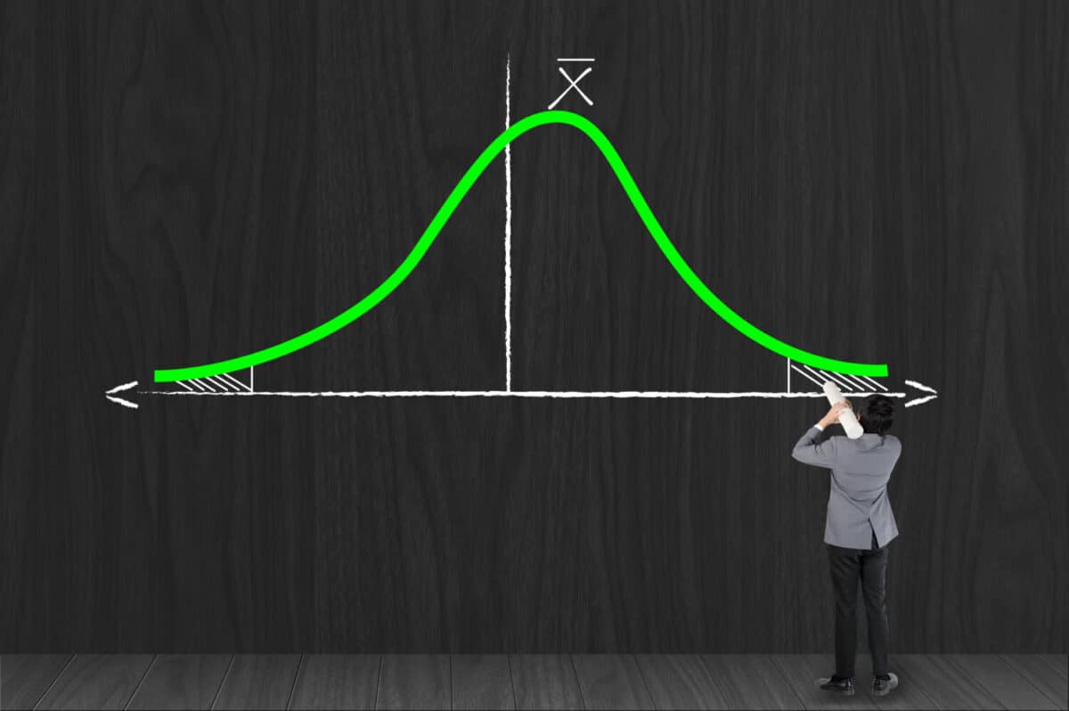 Businessman growing statistic curve graph of Gaussian (bell) function / standard deviation / on a wall - statistical concept