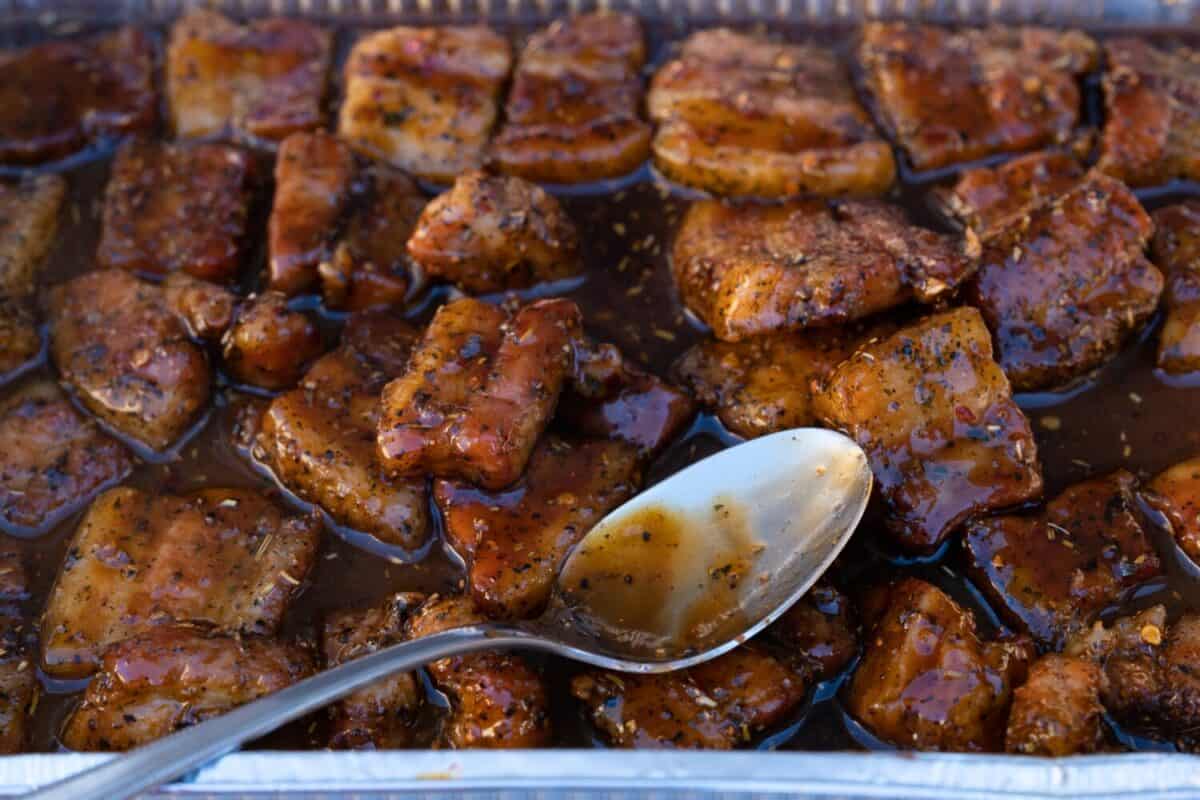 Burnt ends from pork meat ready to eat