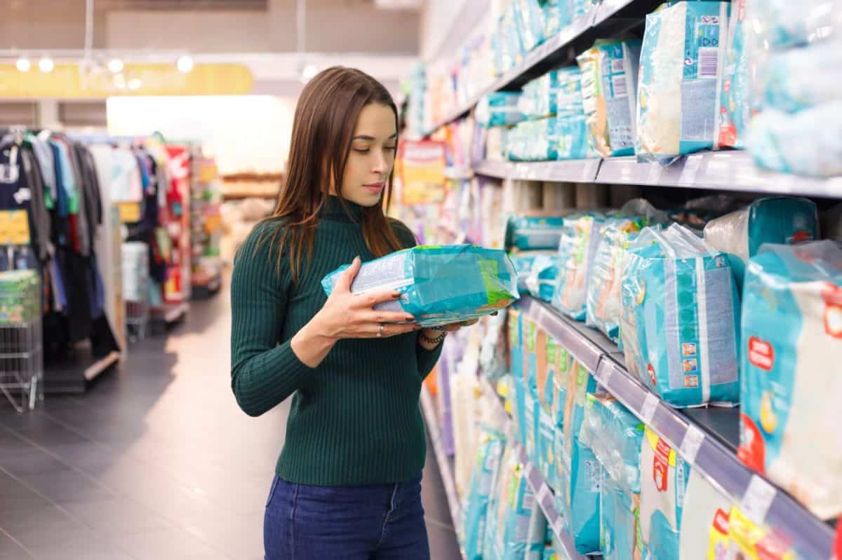 Woman buys diapers for child at the supermarket, portrait of young mother in shop mall. The best treatment options for diaper rash.