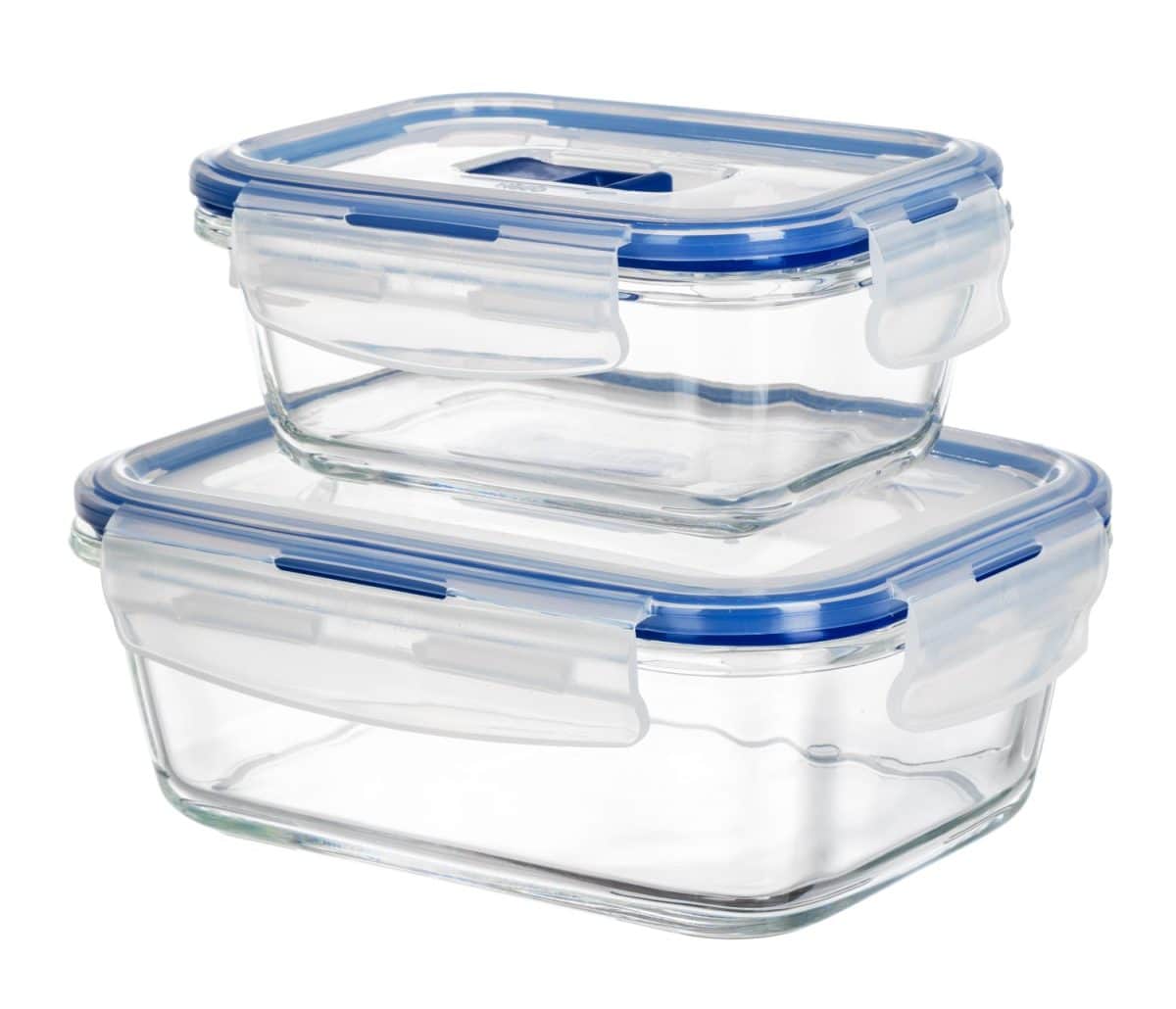 Close up of glass food containers isolated on white background