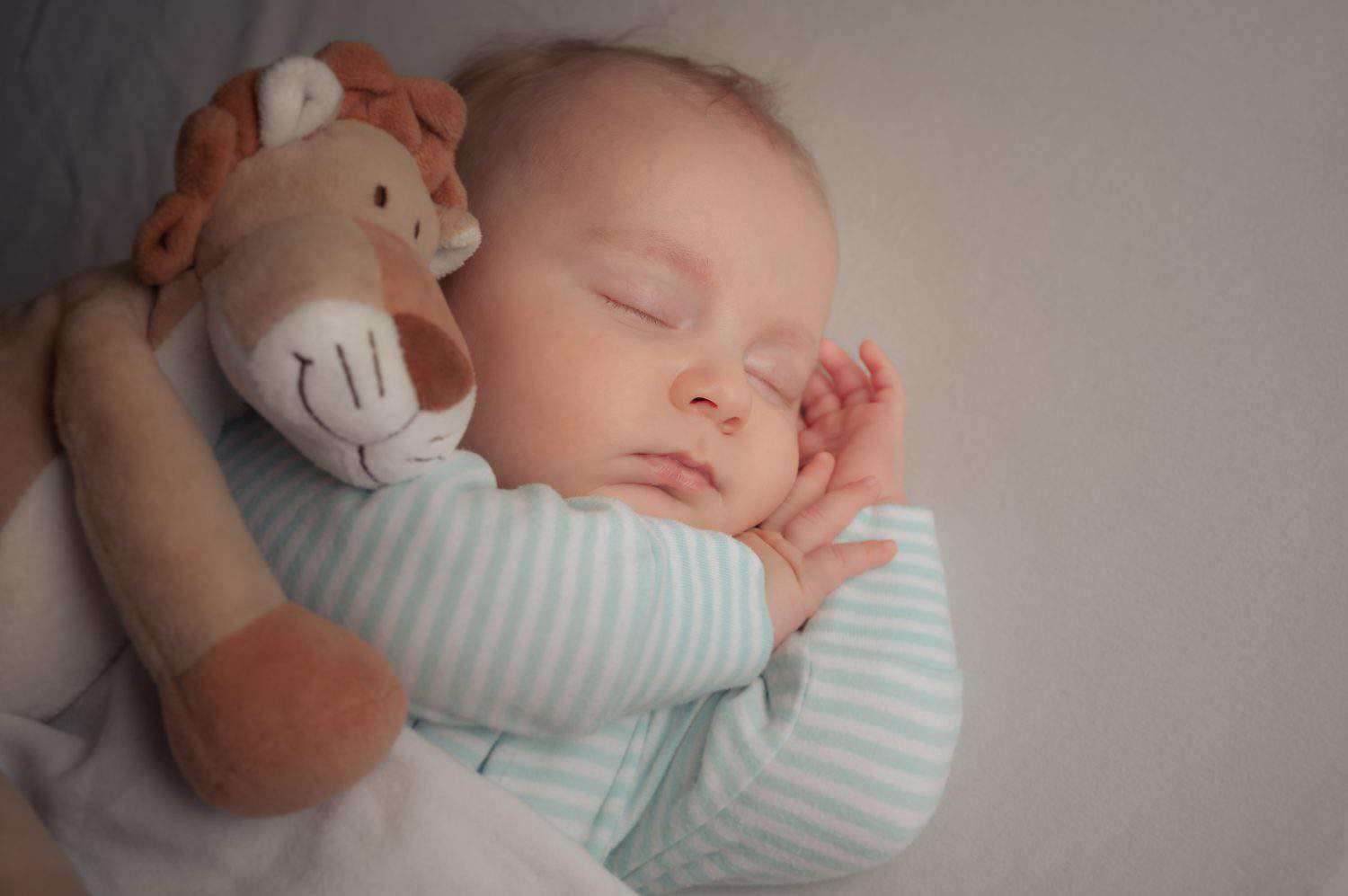 Carefree sleep little baby with soft toy lion on bed in bright room. Baby boy sleeping together with his favourite toy. Peaceful child lying on bed with closed eyes.