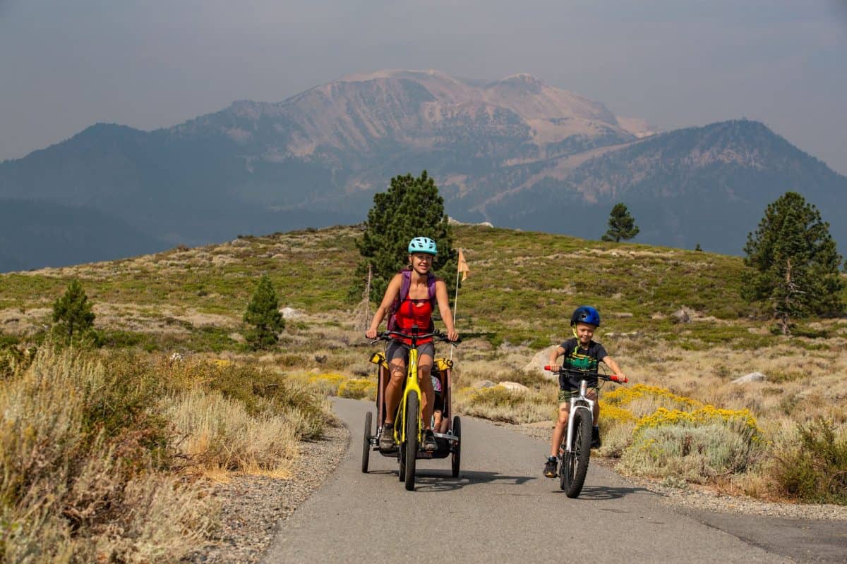 People riding bikes in Mammoth Lakes.