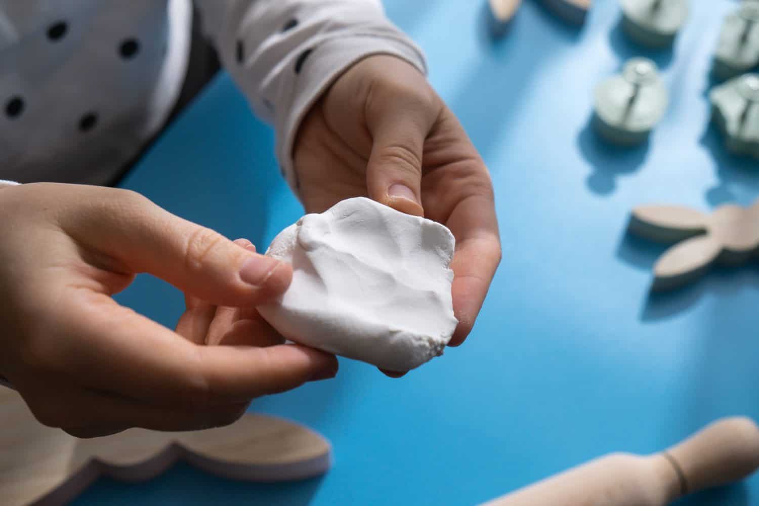 Children air dry clay activity handicraft idea. DIY process step by step instruction. Preparing for Easter holiday decorating. Modern organic design minimalistic plastic free sustainable
