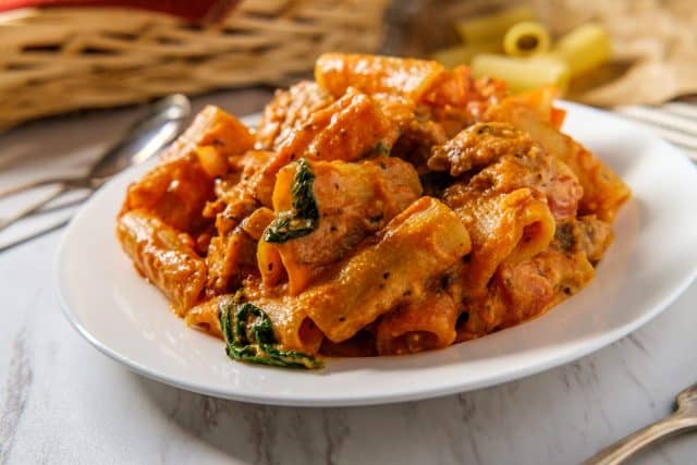 Creamy Italian tomato sauce rigatoni with spicy sausage