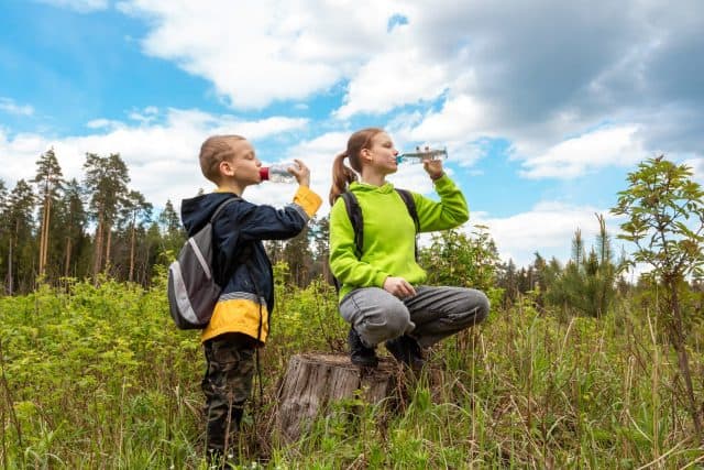 Teenager girl and little boy drink water from bottles while relaxing on forest trip. Tired hikers children with backpacks are resting in meadow, quenching their thirst.