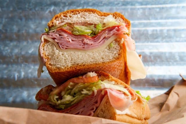 Italian sub sandwich with provolone cheese ham prosciuttini cappacuolo salami and pepperoni