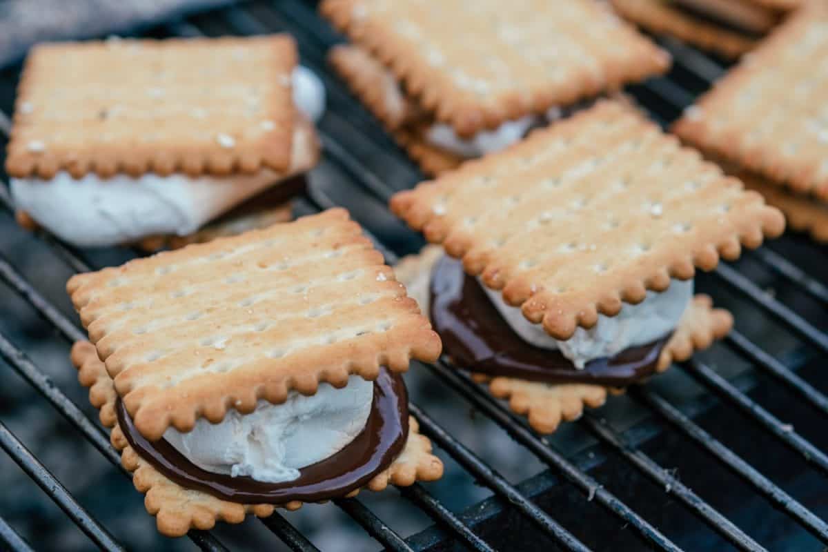 Toasted Smores with marshmallows and chocolate on the grill