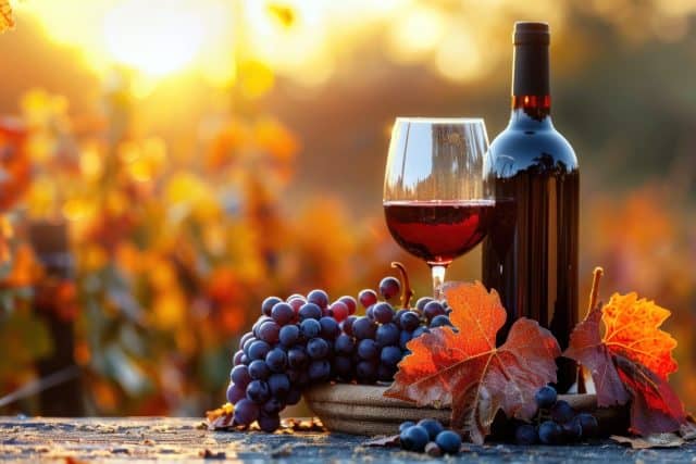 Bottle and glass of red wine are standing on a table with grapes in a vineyard during sunset. The warm light of the setting sun illuminates the scene, creating a cozy and inviting atmosphere