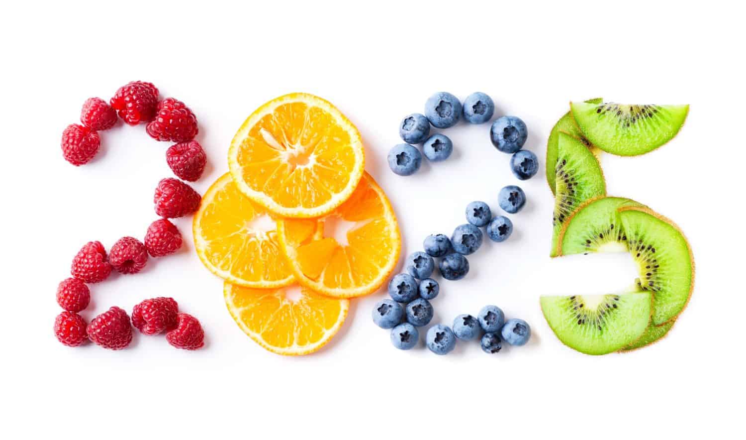 Mixed fruits. New year 2025 made of fruits on the white background. Healthy food