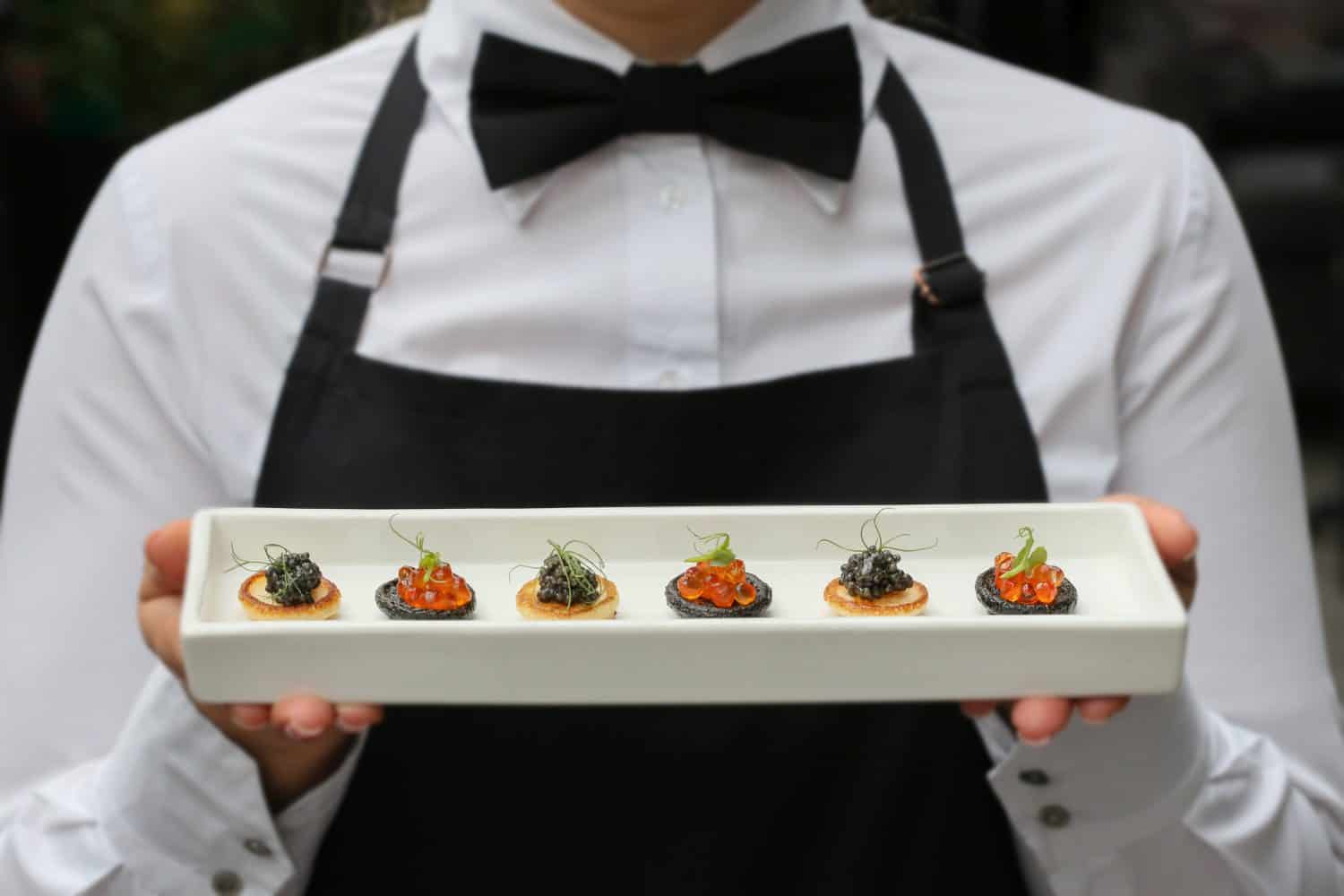 waiter with canapes / canapes with caviar / catering