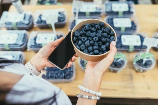 Brunette slim attractive woman choosing and buying blueberries in her container durring summer farmer market outdoor in city street.