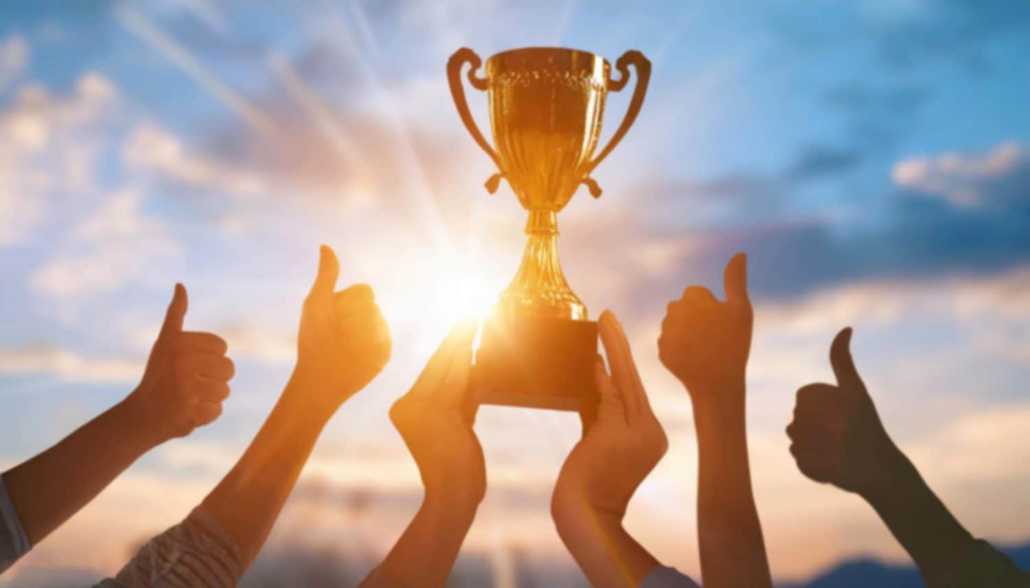 Success of teamwork, joint achievement of goal in business and life. Winning team is holding trophy in hands. Silhouettes of many hands in sunset.