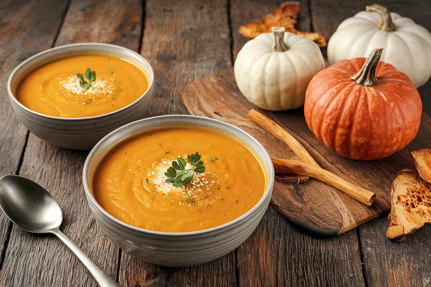 Delicious homemade pumpkin soup in bowl