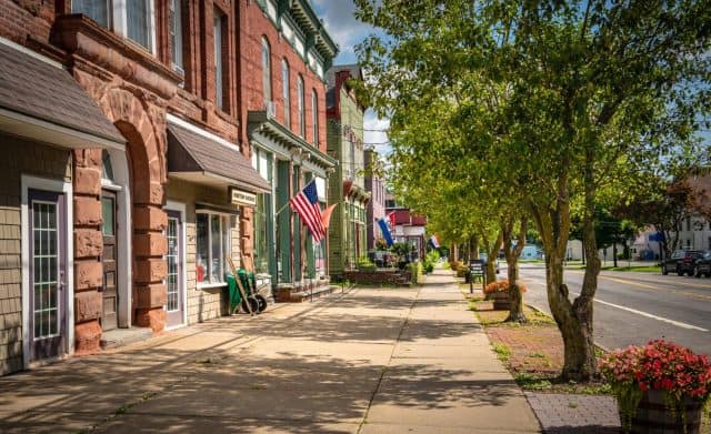 Main street U. S.A. store fronts on a summer day in a small town..