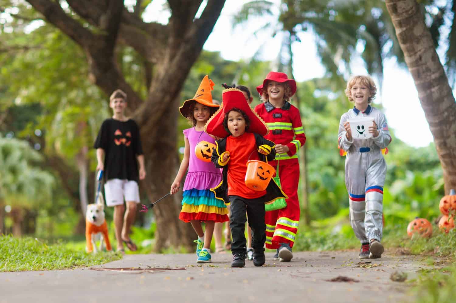 Child in Halloween costume. Mixed race kids and parents trick or treat on street. Little boy and girl with pumpkin lantern and candy bucket. Baby in witch hat. Autumn holiday fun.
