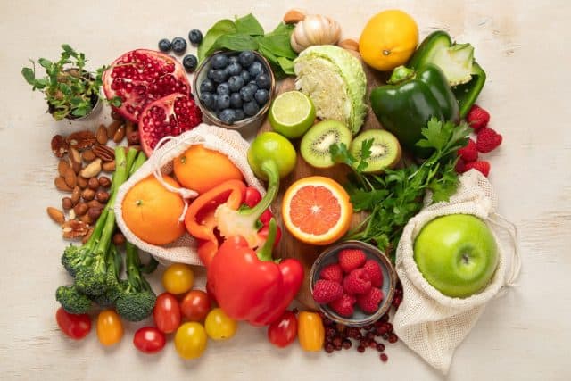 Products high in vitamin C. Healthy food concept. Top view