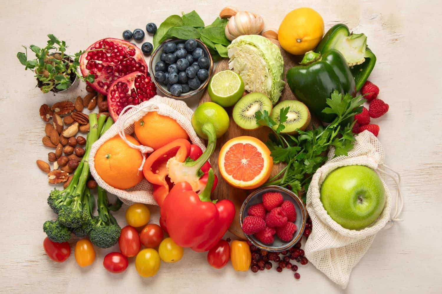 Products high in vitamin C. Healthy food concept. Top view