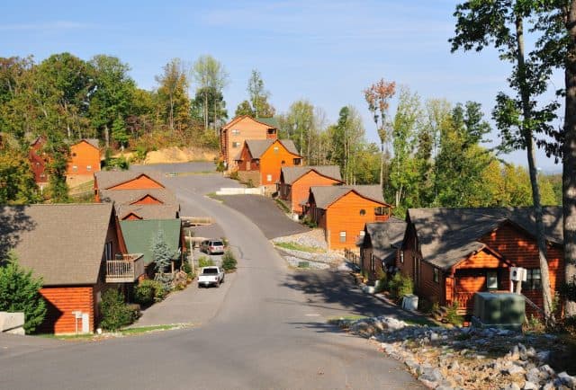 Vacation rental cabins in the mountains above Pigeon Forge in Tennessee USA in fall.