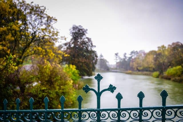 Rain and Ironwork detail on historic Washington Park Lake Bridge in Albany, New York.