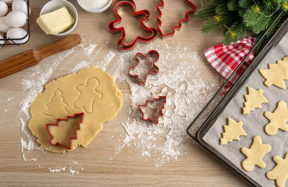 Making Christmas Cookies with traditional gingerbread cookies ingredients. Christmas Gingerbread man and fir trees on pan. Top view.