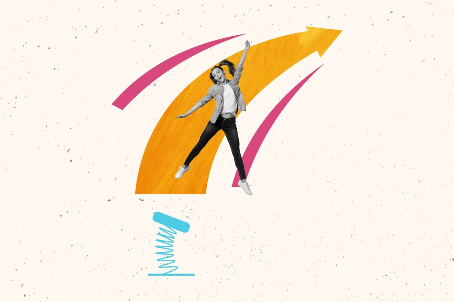 Composite collage image of excited mini black white effect girl jumping spring trampoline big arrow pointer isolated on creative background