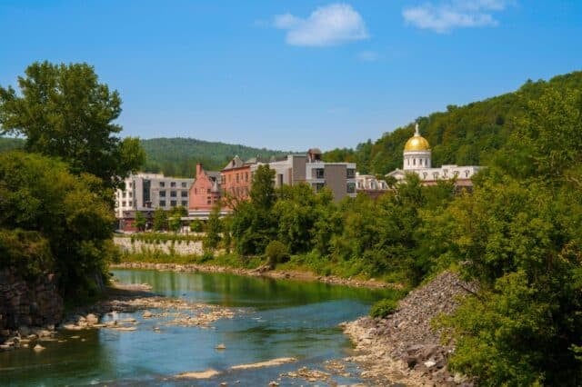Montpelier skyline over the Winooski River with the view of the Vermont State House in Vermont, USA