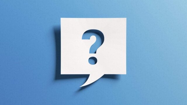Question mark symbol for FAQ, information, problem and solution concepts. Quiz, test, survey, interrogation, support, knowledge, decision. Minimalist design with icon cutout paper and blue background.