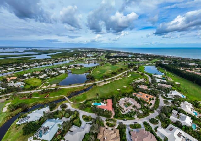 Aerial view of Wabasso Beach barrier island outside Vero Beach, Florida, luxury golf community