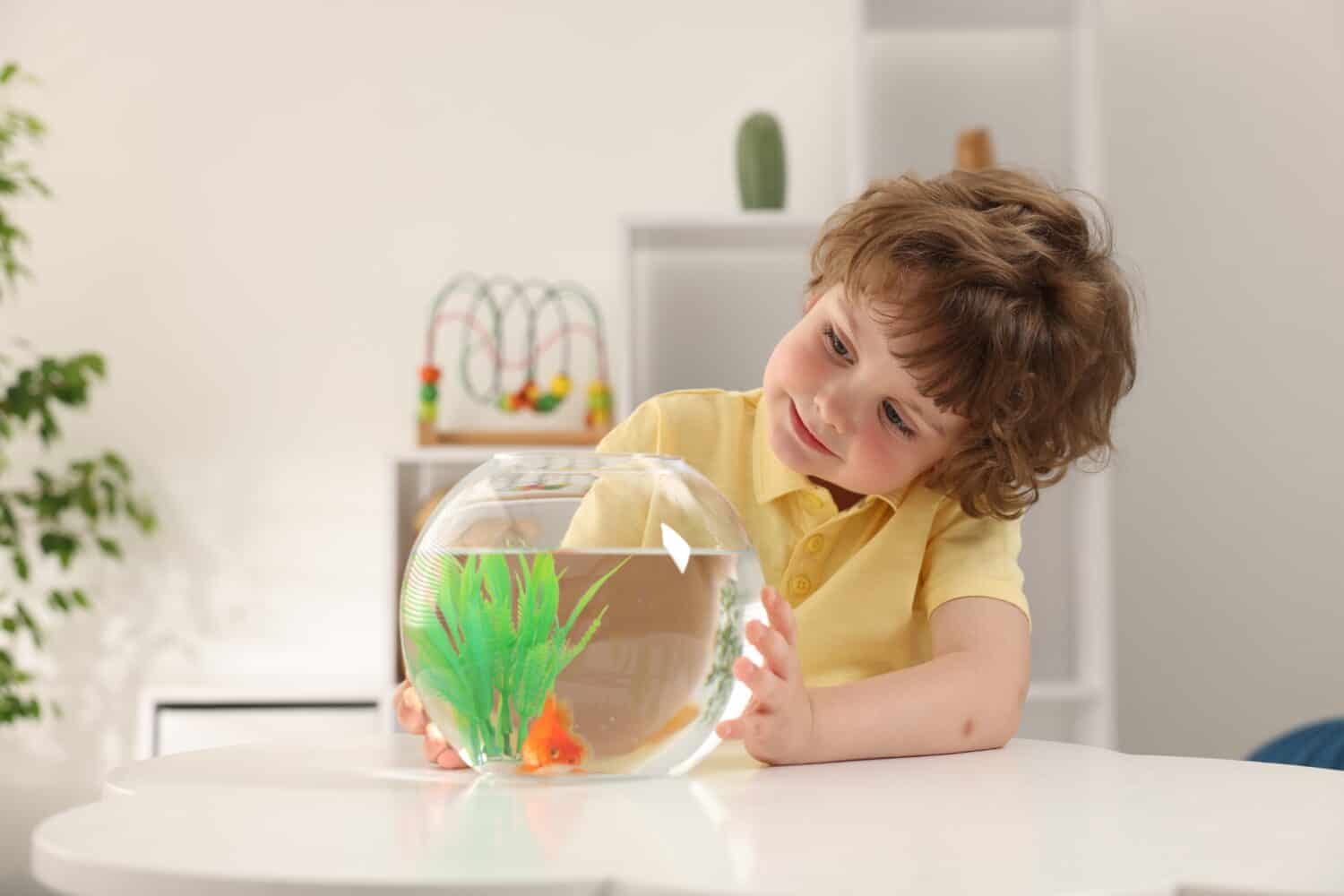 Little boy with goldfish in aquarium on table at home