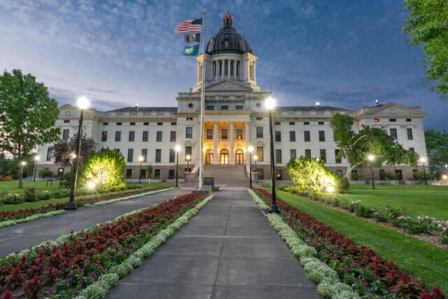 Facade of South Dakota Capital Building in Pierre, SD at night