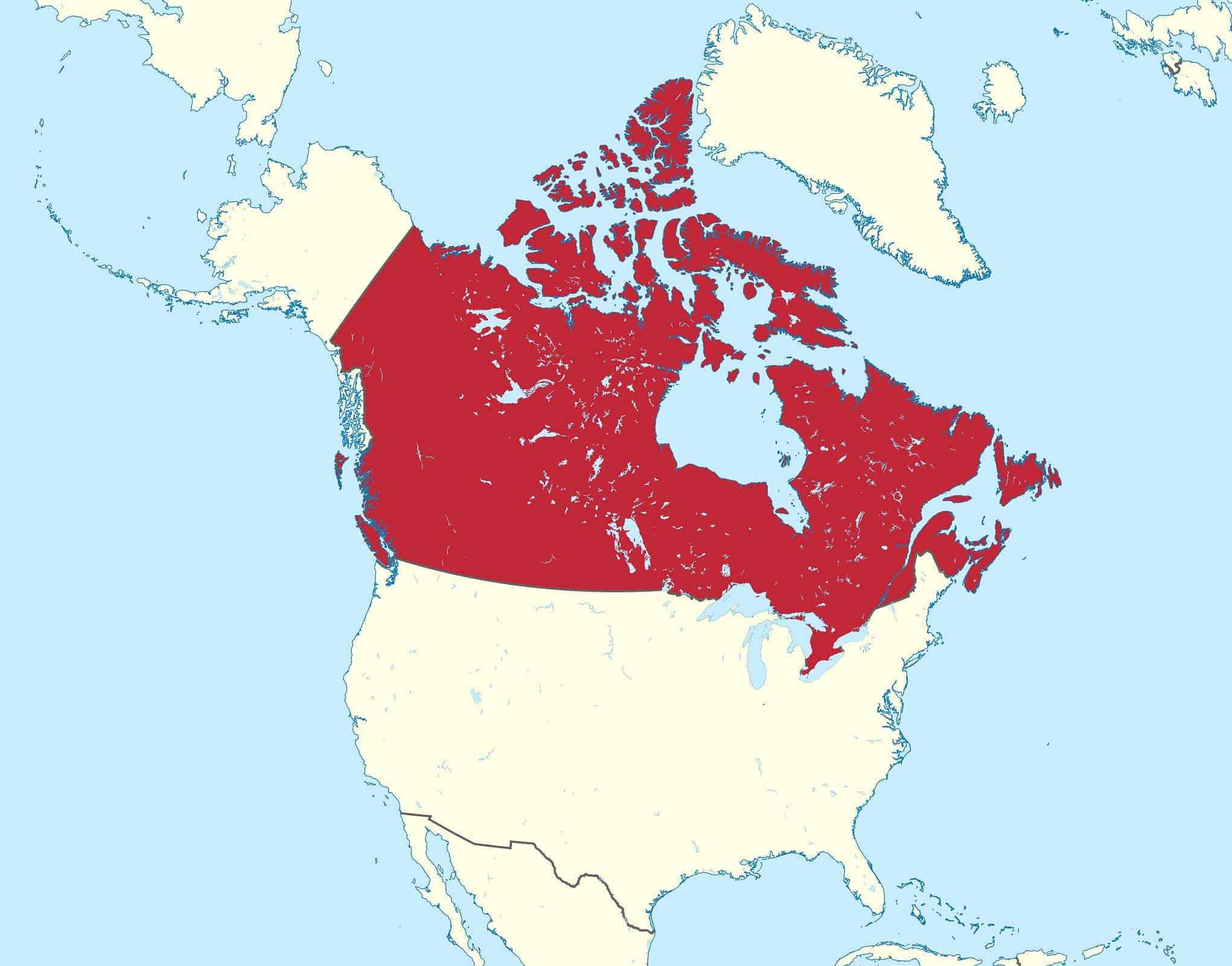 Canada on a map of North America