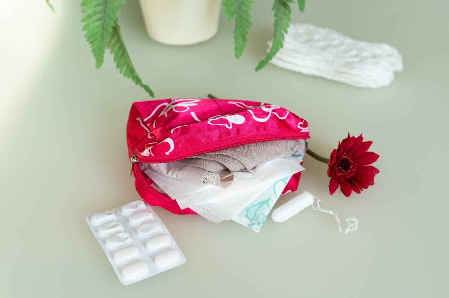 Feminine hygiene essentials stored in a small cosmetic pouch with sanitary pads, tampon and pain relief tablets. Menstrual care and women’s health concept in a calm, natural setting.