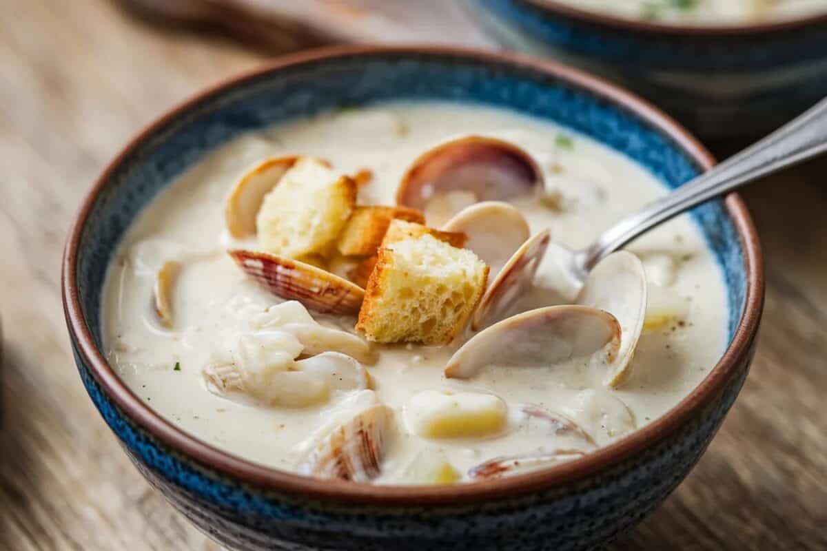 New England Clam Chowder : Creamy classic American Boston seafood soup with tender clams potatoes celery and golden croutons, a beloved coastal comfort food and beloved chowder favorite