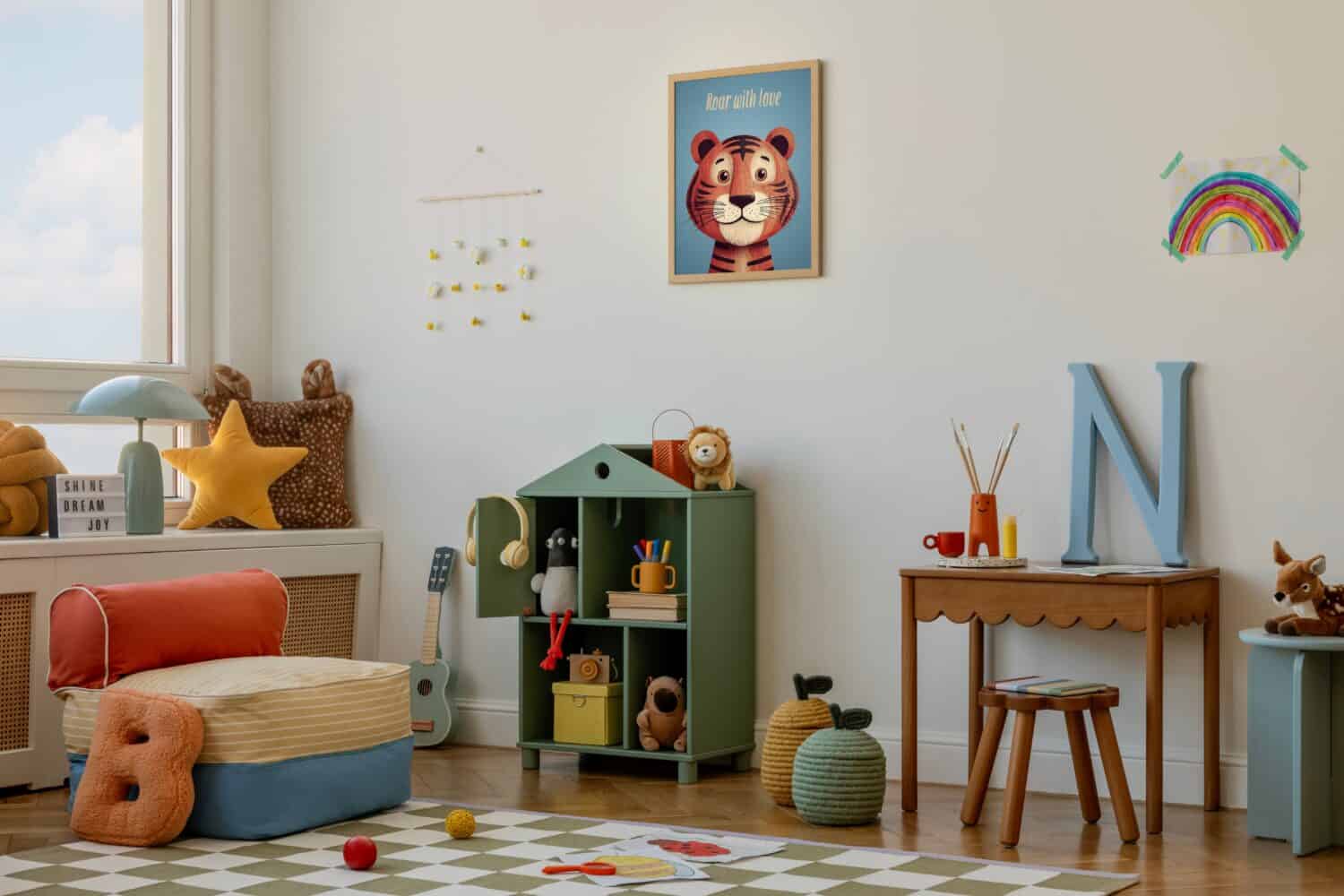 Stylish children room with creative toys, cozy seating, and pastel decor in natural light. Mock up poster.