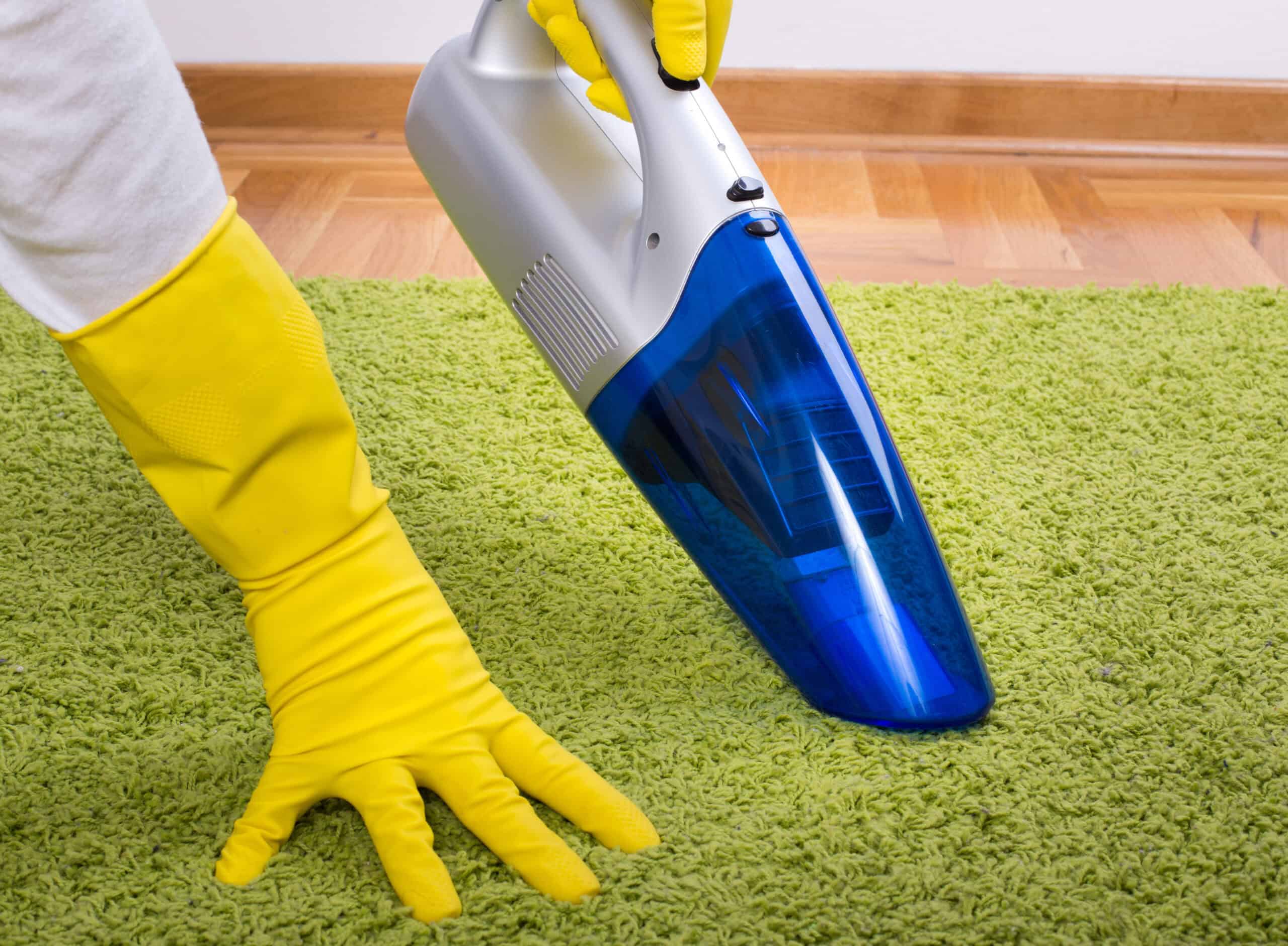 Close up of female hands with rubber gloves holding cordless vacuum cleaner and hoovering green carpet on parquet floor