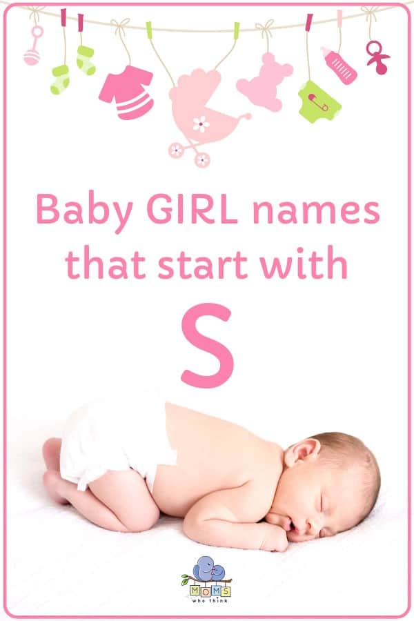Baby sleeping on design that says "baby girl names that start with S"