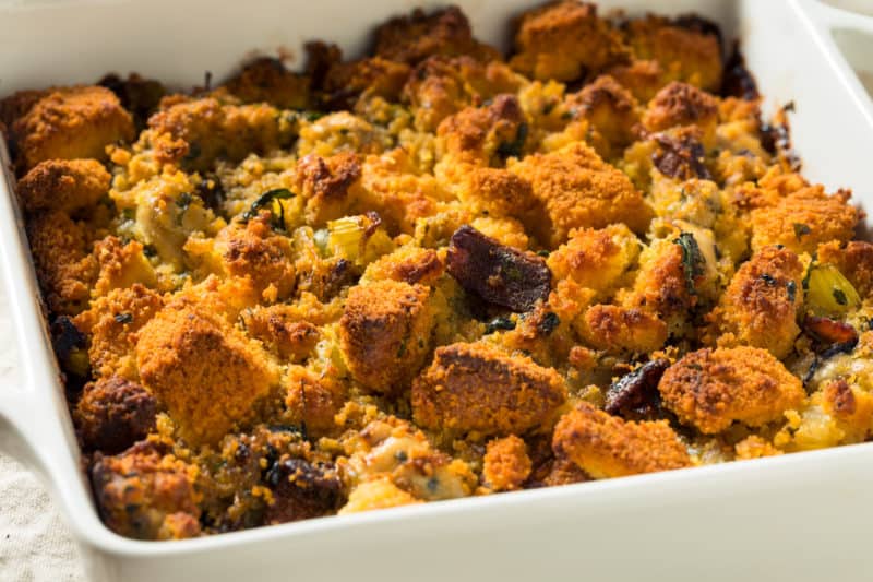 Bread and Oyster Stuffing baked in a dish