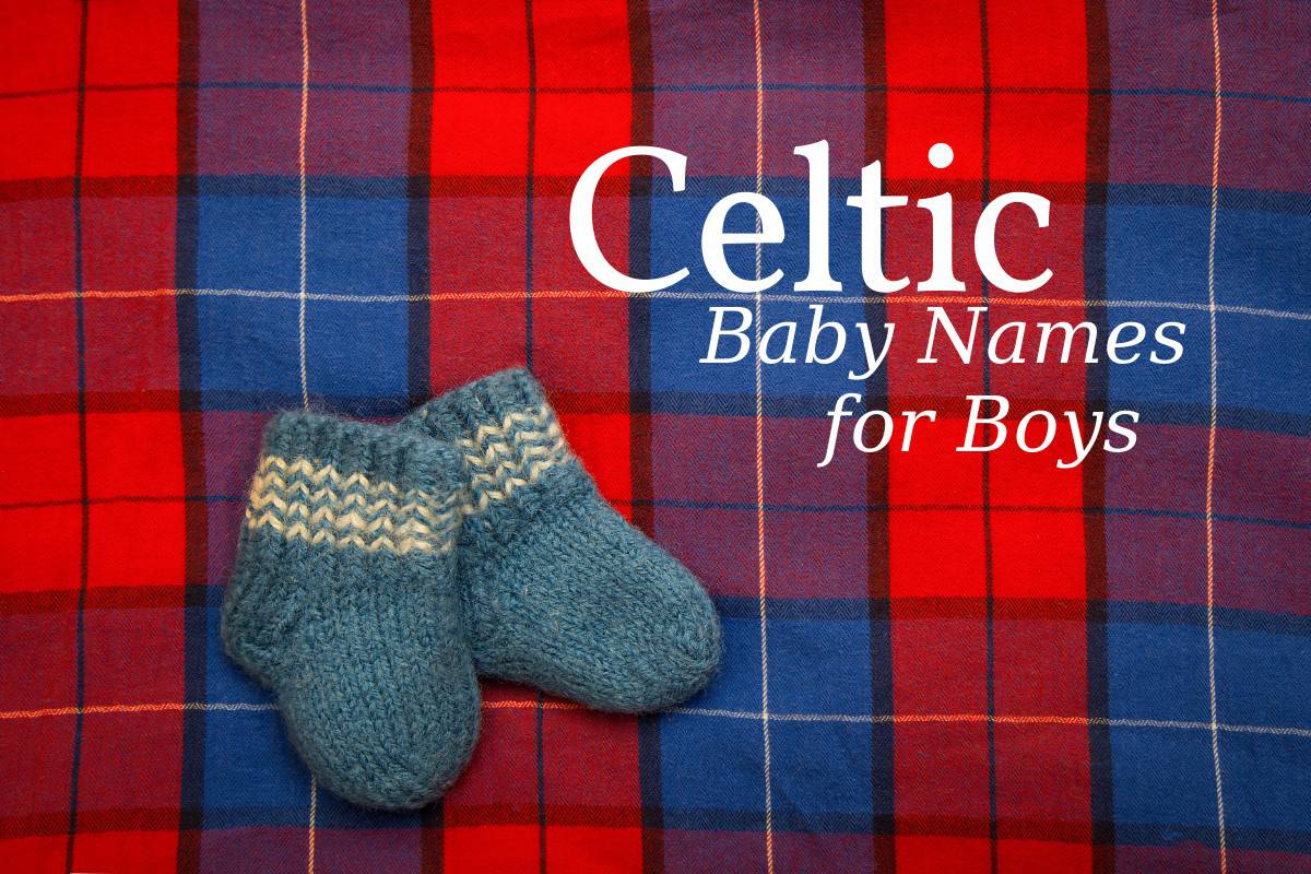 Scottish plaid and Celtic Baby Names for Boys written on it