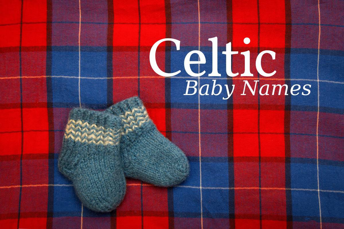 scottish plaid blanket and booties with Celtic Baby Names written
