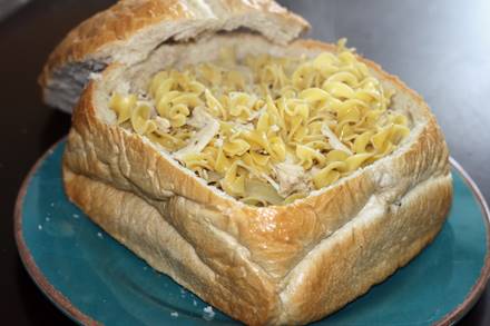 Chicken and Noodles in a Bread Bowl