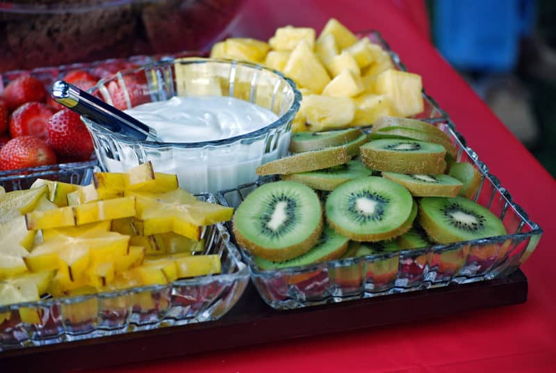 Fruit Dip with fruit. Kiwi, pineapple, star fruit, strawberries.