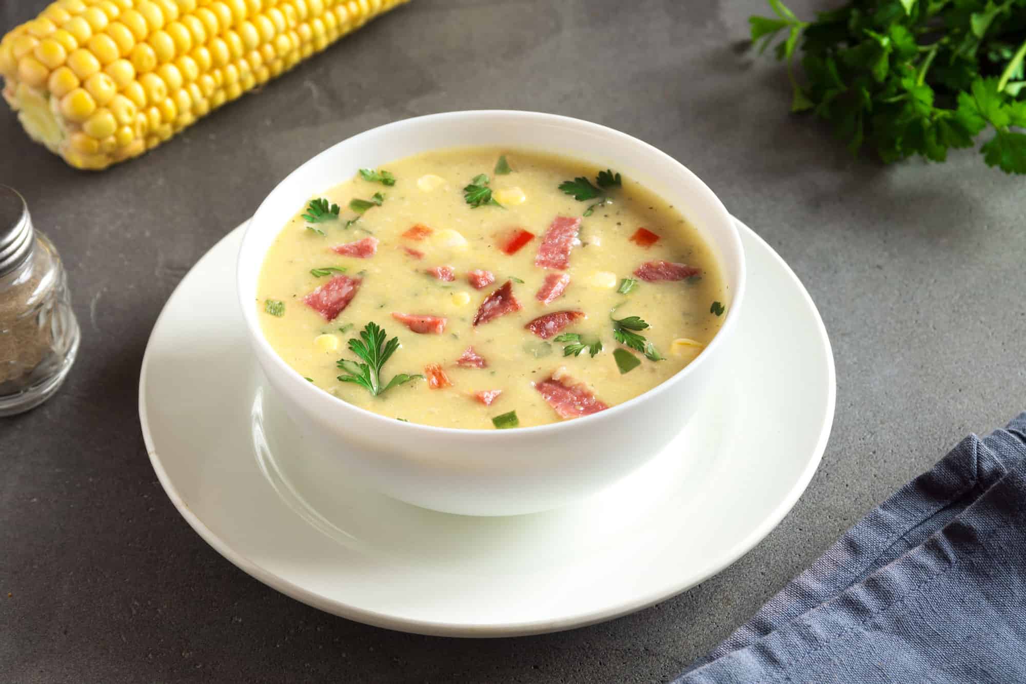 corn-n-sausage-chowder, American Culture, Appetizer, Bell Pepper, Bowl, Bread