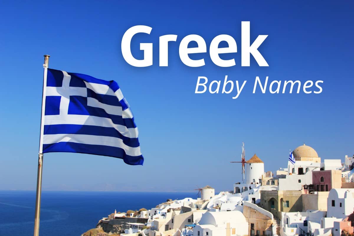 Greek flag flying over the ocean with greek baby names written over it