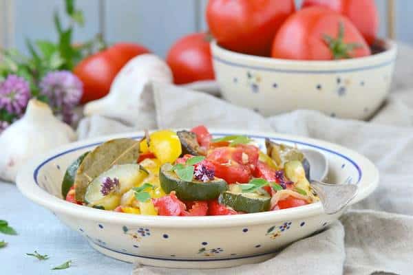the ratatouille, traditional French vegetable stew in a ceramic dish