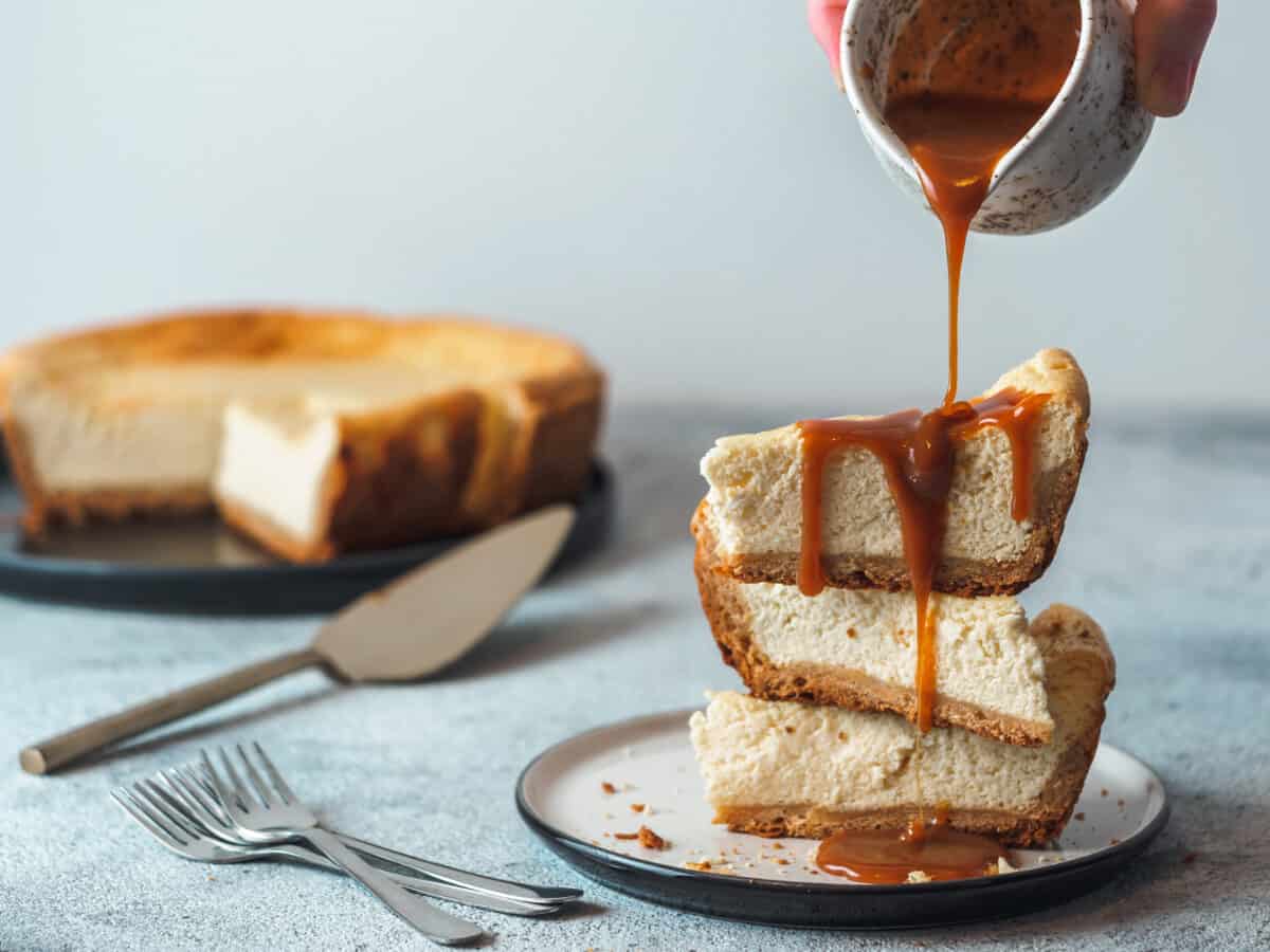 Caramel poured on cheesecake.